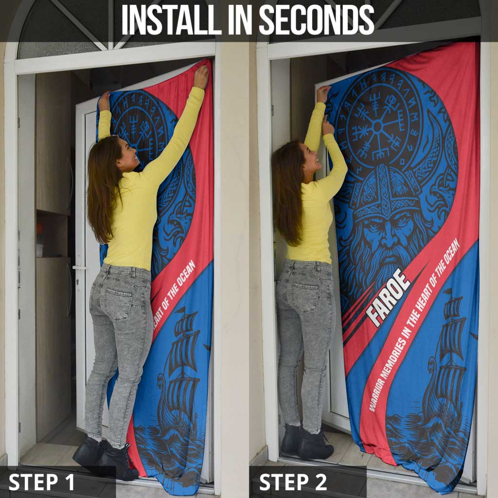 Faroe Islands Door Cover with Viking Warrior and Longship Design - Wonder Print Shop