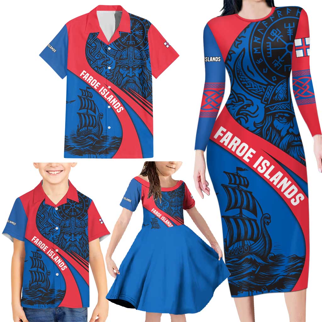 Faroe Islands Family Matching Long Sleeve Bodycon Dress and Hawaiian Shirt with Viking Warrior and Longship Design - Wonder Print Shop