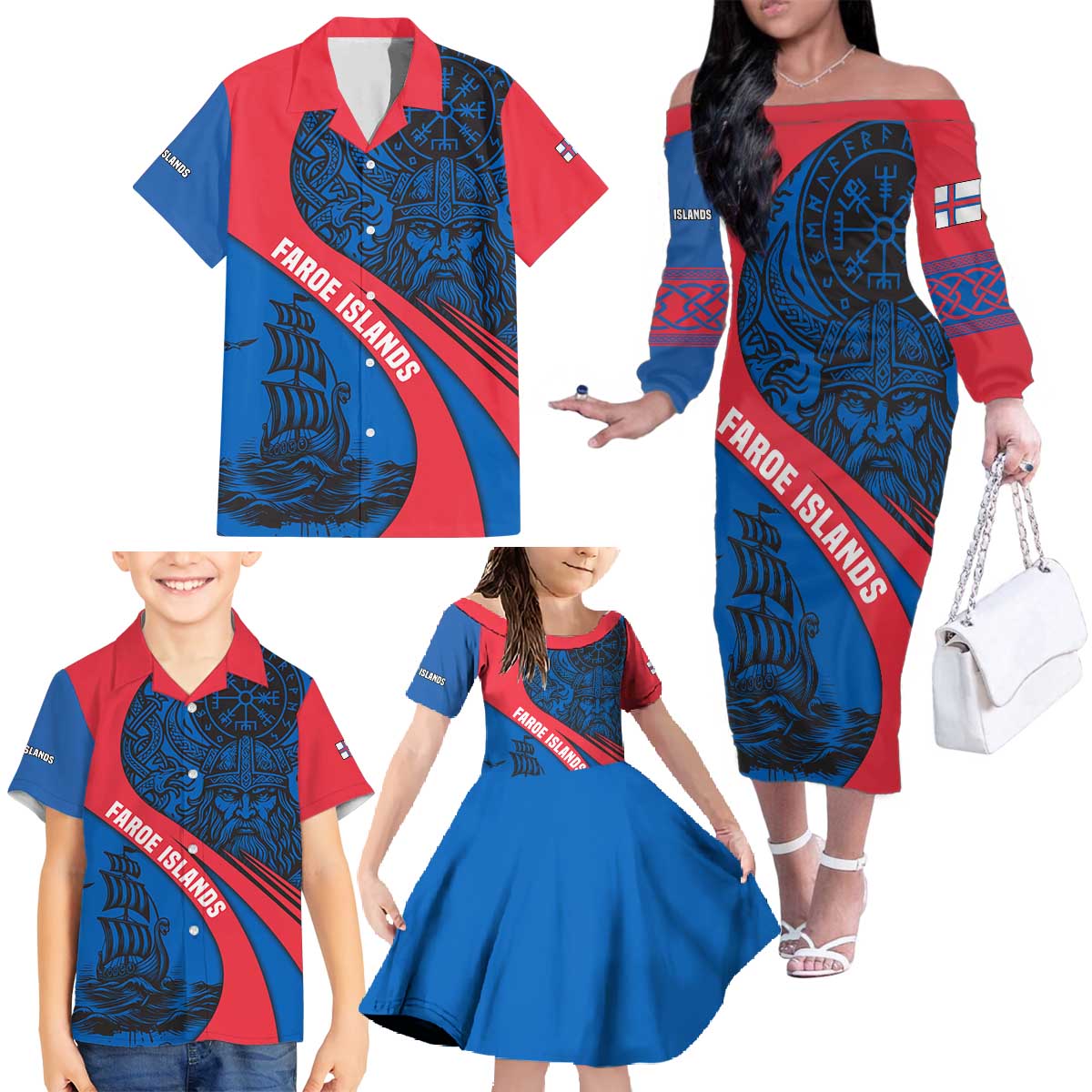 Faroe Islands Family Matching Off The Shoulder Long Sleeve Dress and Hawaiian Shirt with Viking Warrior and Longship Design - Wonder Print Shop