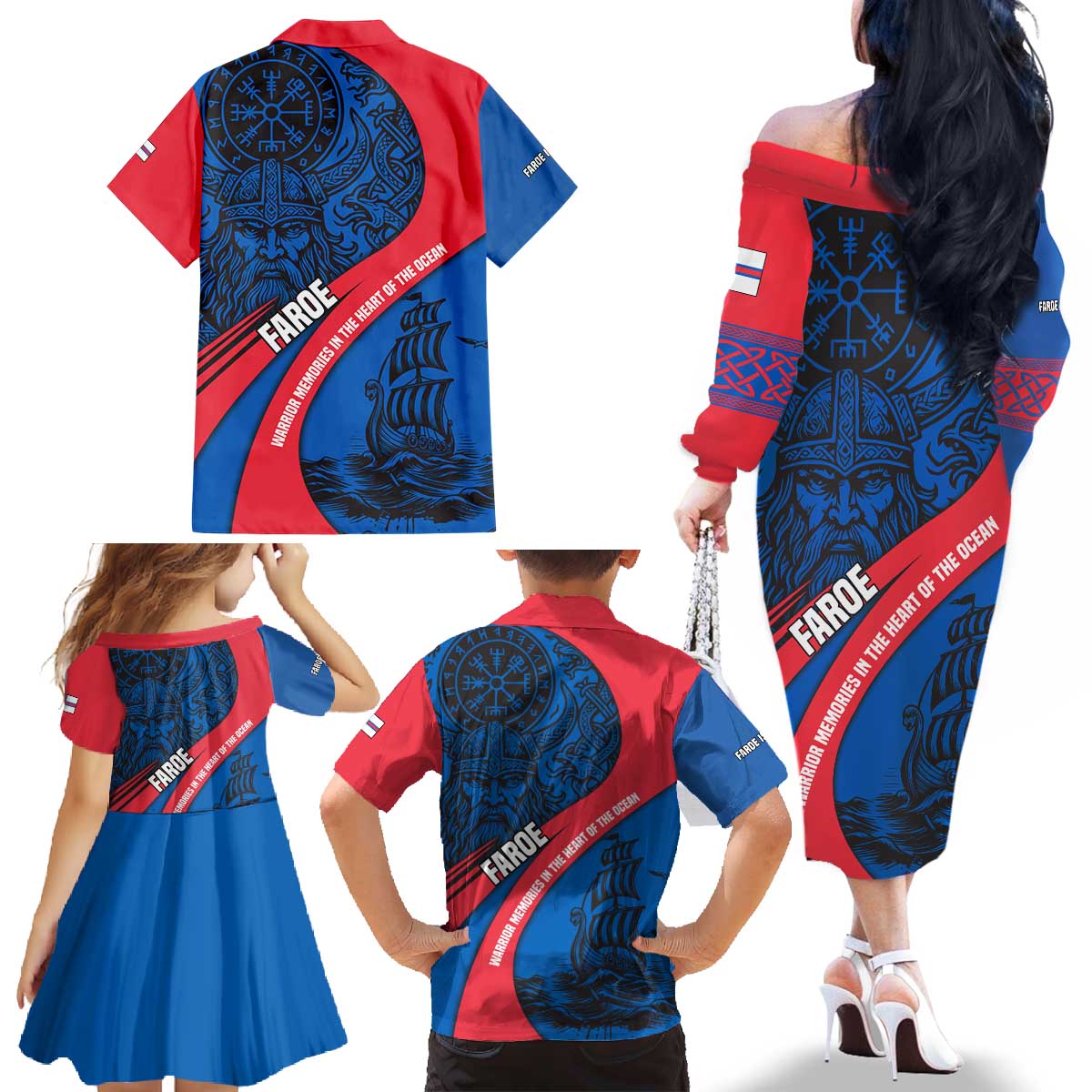 Faroe Islands Family Matching Off The Shoulder Long Sleeve Dress and Hawaiian Shirt with Viking Warrior and Longship Design - Wonder Print Shop