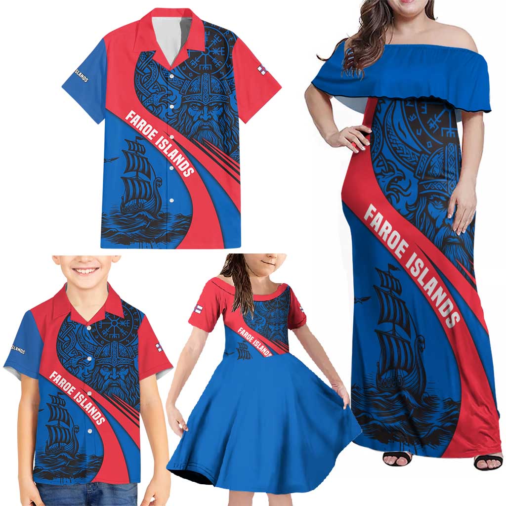 Faroe Islands Family Matching Off Shoulder Maxi Dress and Hawaiian Shirt with Viking Warrior and Longship Design - Wonder Print Shop