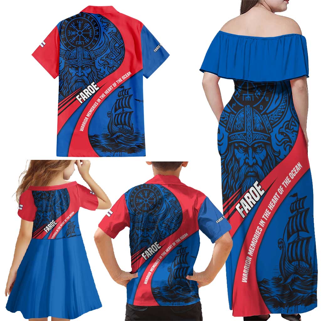 Faroe Islands Family Matching Off Shoulder Maxi Dress and Hawaiian Shirt with Viking Warrior and Longship Design - Wonder Print Shop