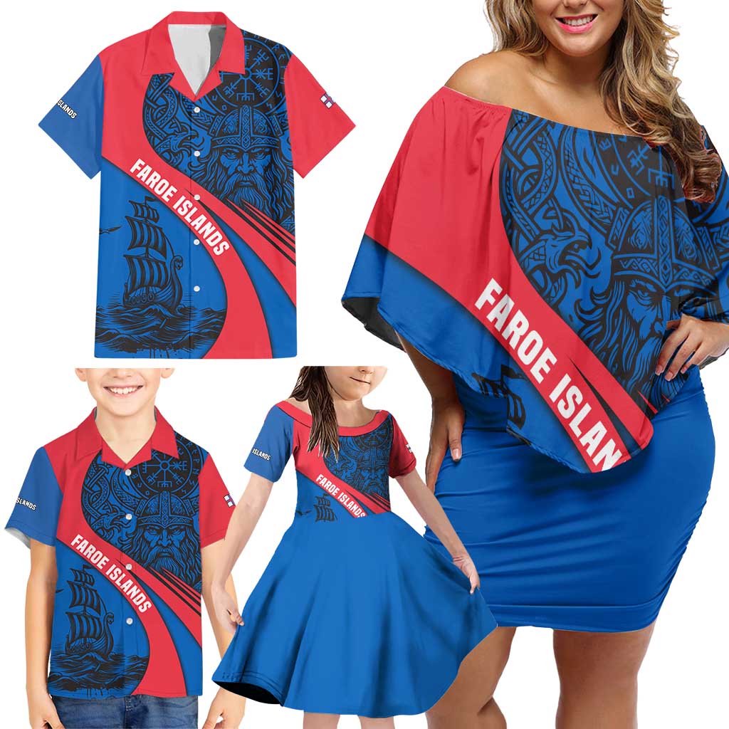 Faroe Islands Family Matching Off Shoulder Short Dress and Hawaiian Shirt with Viking Warrior and Longship Design - Wonder Print Shop