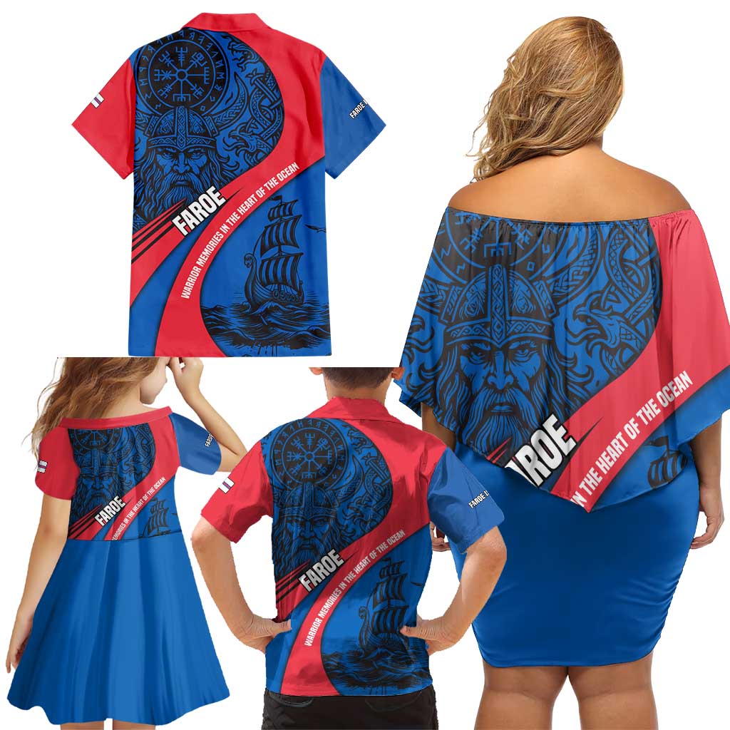 Faroe Islands Family Matching Off Shoulder Short Dress and Hawaiian Shirt with Viking Warrior and Longship Design - Wonder Print Shop