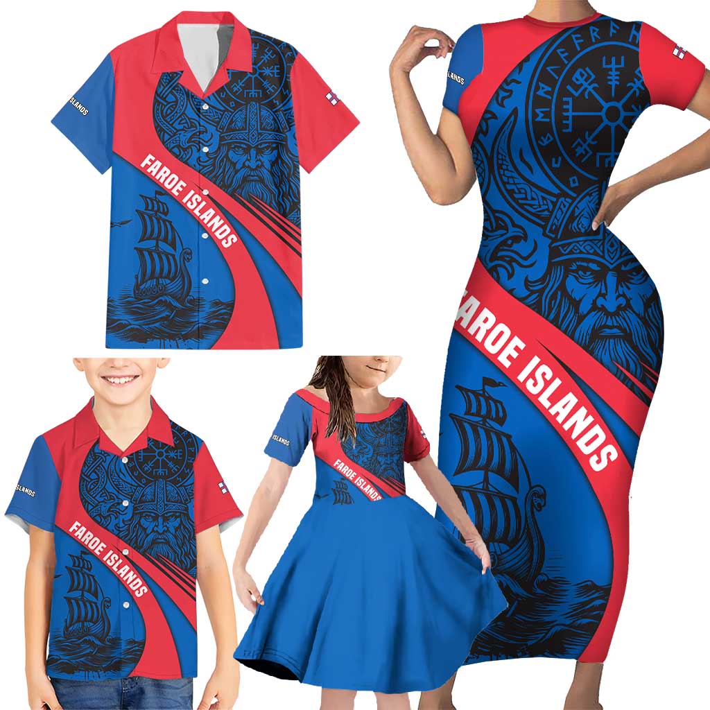 Faroe Islands Family Matching Short Sleeve Bodycon Dress and Hawaiian Shirt with Viking Warrior and Longship Design - Wonder Print Shop