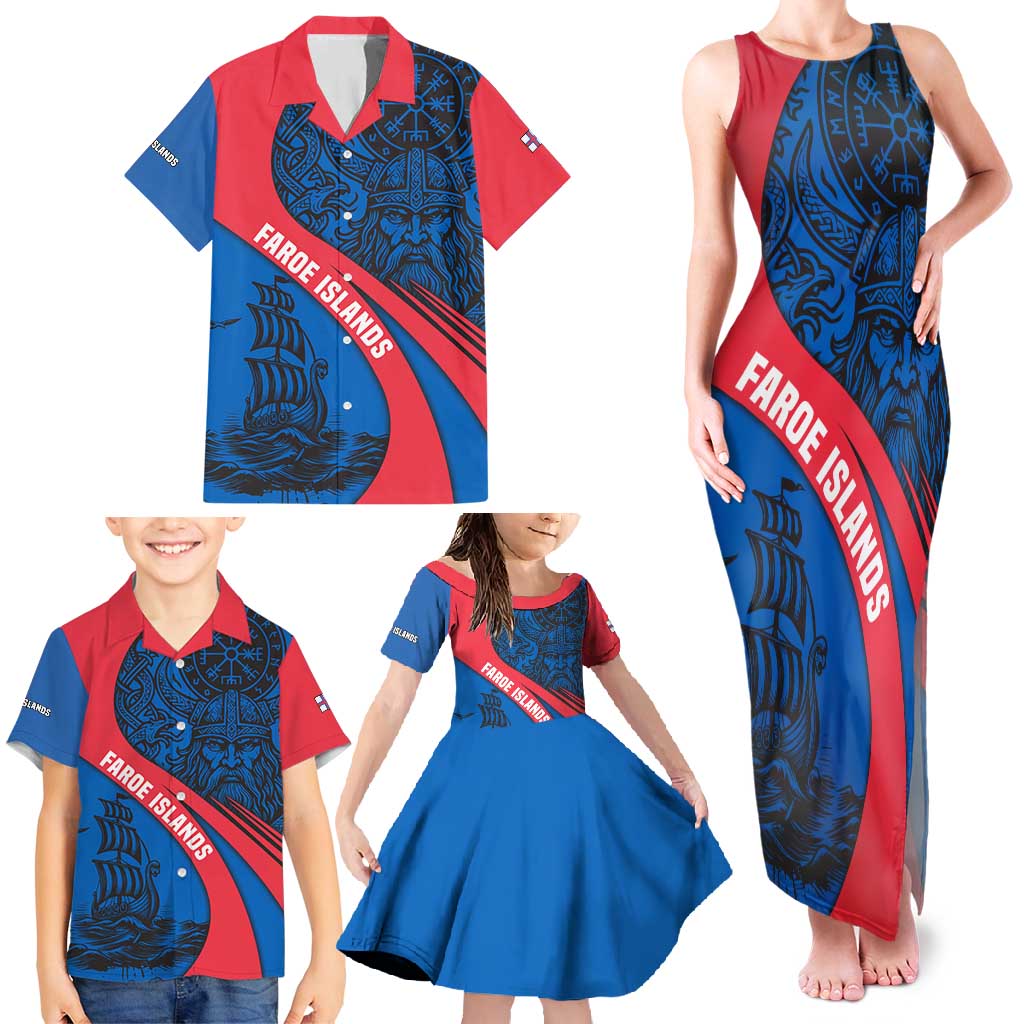 Faroe Islands Family Matching Tank Maxi Dress and Hawaiian Shirt with Viking Warrior and Longship Design - Wonder Print Shop