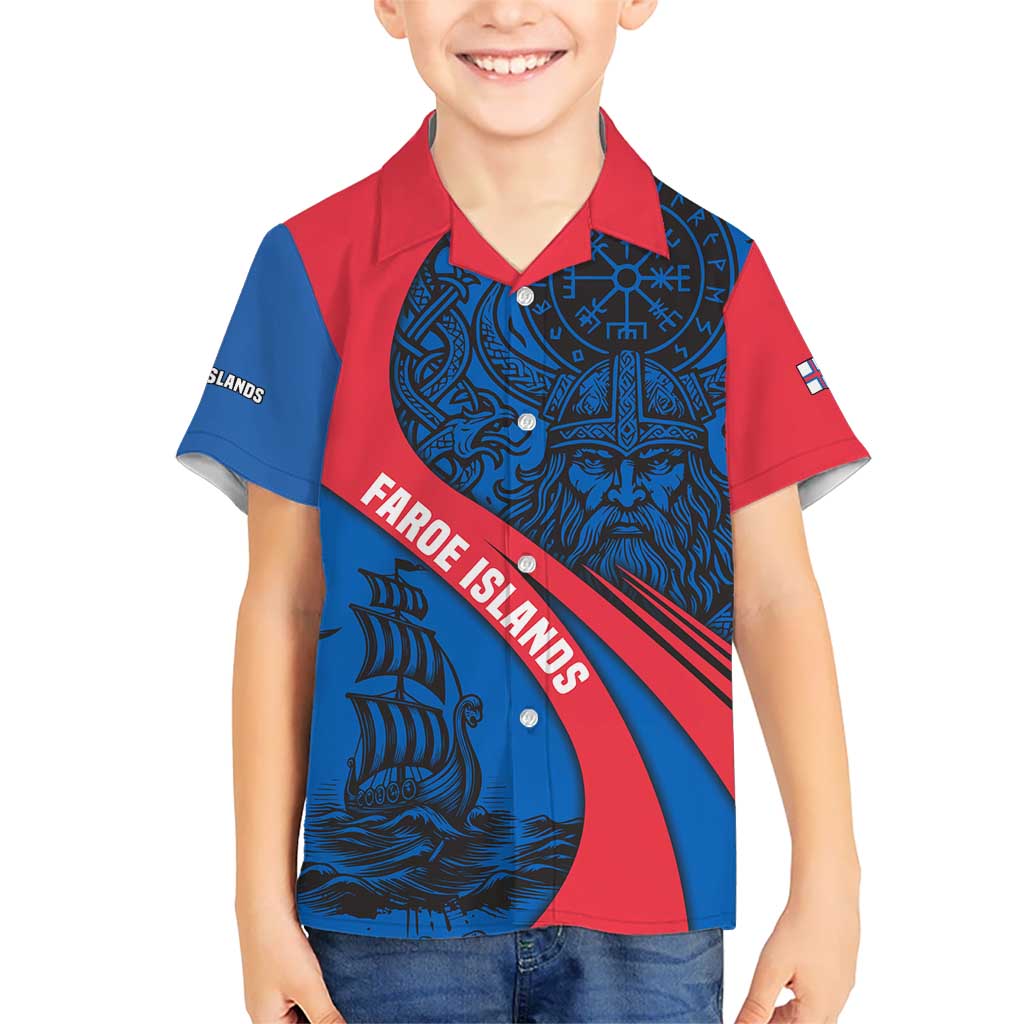 Faroe Islands Kid Hawaiian Shirt with Viking Warrior and Longship Design - Wonder Print Shop