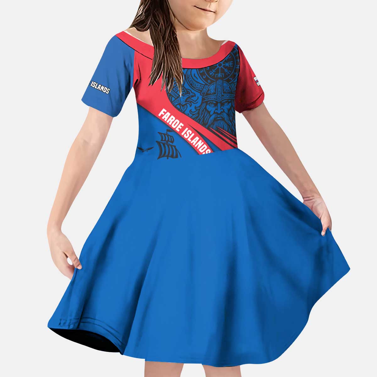 Faroe Islands Kid Short Sleeve Dress with Viking Warrior and Longship Design - Wonder Print Shop