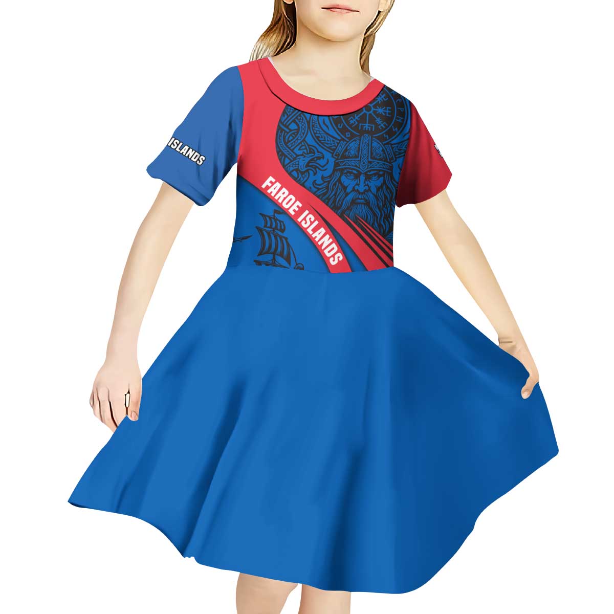Faroe Islands Kid Short Sleeve Dress with Viking Warrior and Longship Design - Wonder Print Shop