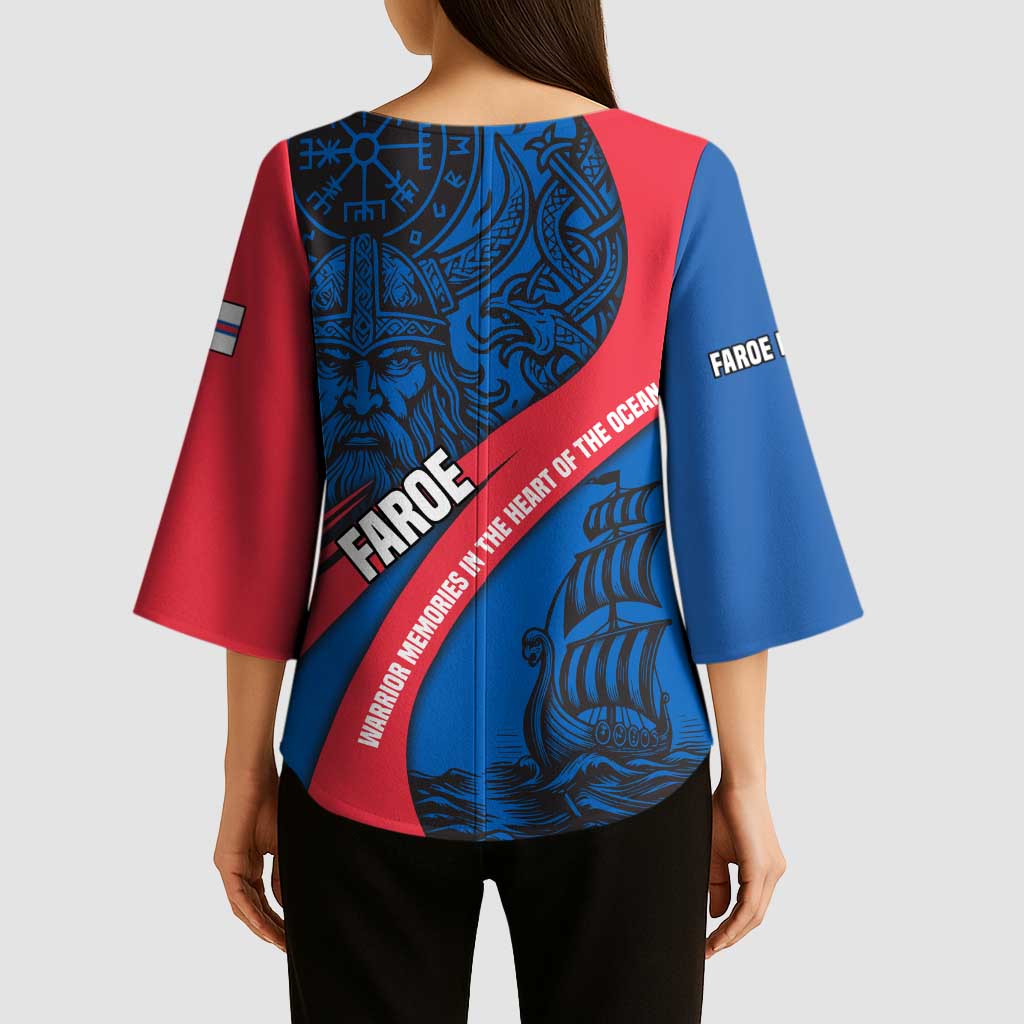 Faroe Islands Kimono Sleeve Blouse with Viking Warrior and Longship Design - Wonder Print Shop