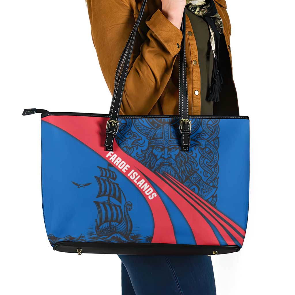 Faroe Islands Leather Tote Bag with Viking Warrior and Longship Design - Wonder Print Shop