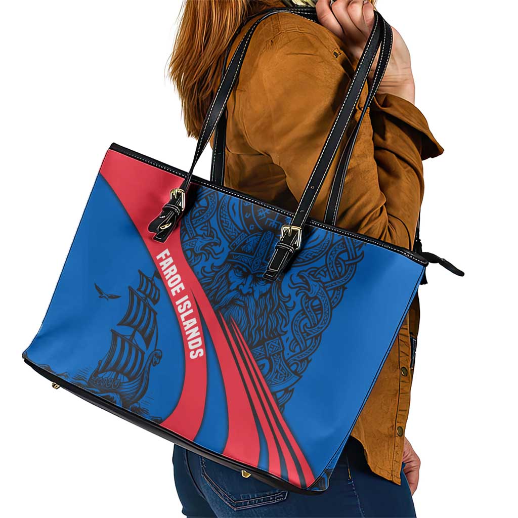 Faroe Islands Leather Tote Bag with Viking Warrior and Longship Design - Wonder Print Shop