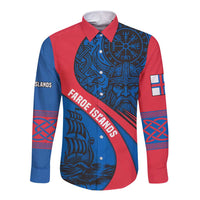 Faroe Islands Long Sleeve Button Shirt with Viking Warrior and Longship Design - Wonder Print Shop