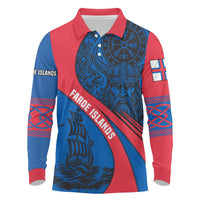 Faroe Islands Long Sleeve Polo Shirt with Viking Warrior and Longship Design - Wonder Print Shop