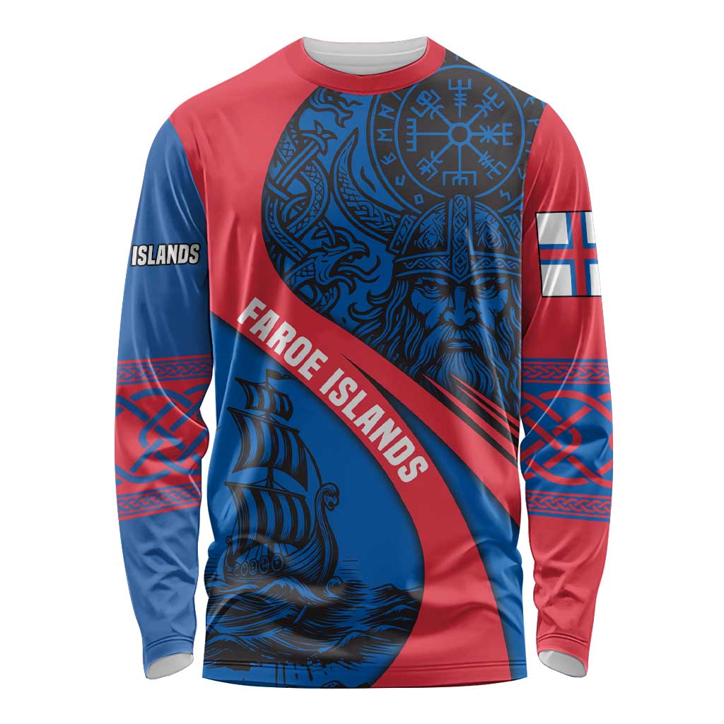 Faroe Islands Long Sleeve Shirt with Viking Warrior and Longship Design - Wonder Print Shop