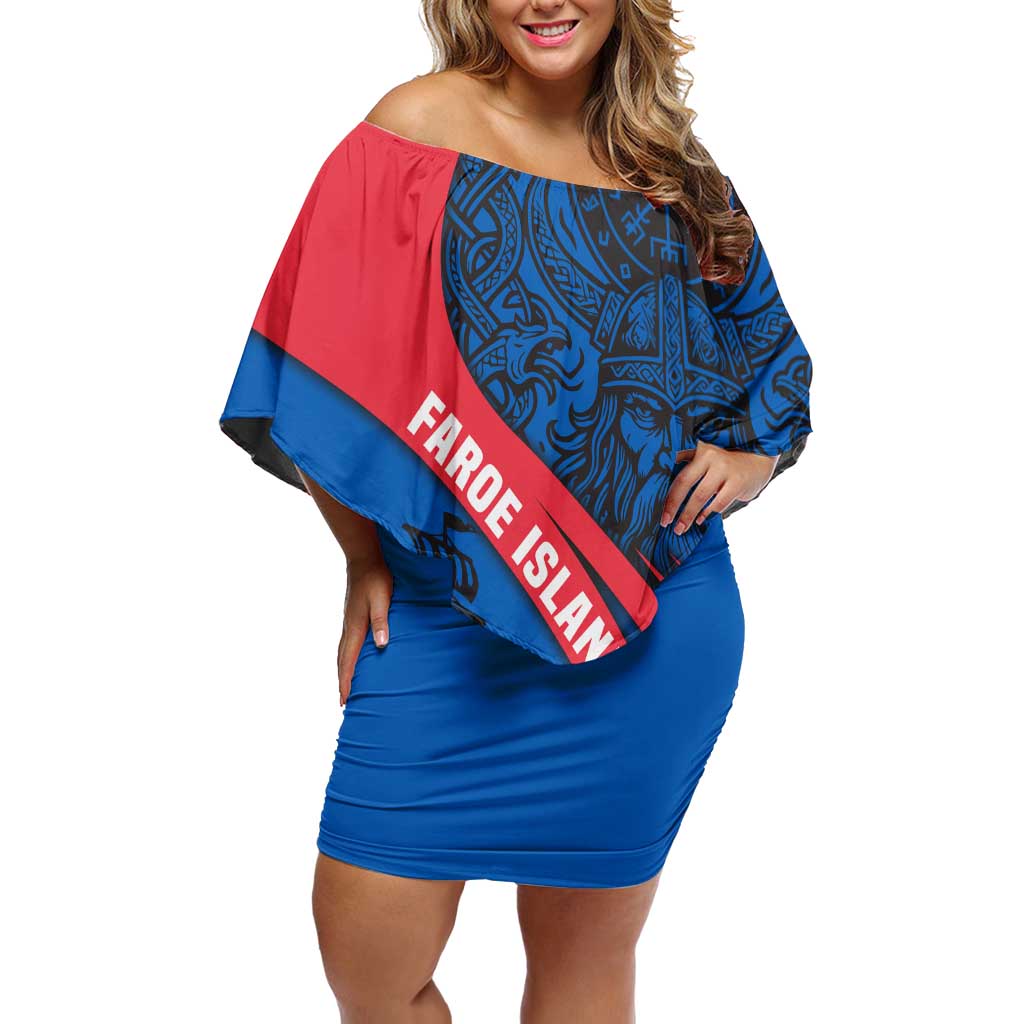 Faroe Islands Off Shoulder Short Dress with Viking Warrior and Longship Design - Wonder Print Shop