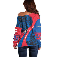 Faroe Islands Off Shoulder Sweater with Viking Warrior and Longship Design - Wonder Print Shop