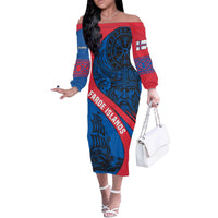 Faroe Islands Off The Shoulder Long Sleeve Dress with Viking Warrior and Longship Design - Wonder Print Shop