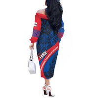 Faroe Islands Off The Shoulder Long Sleeve Dress with Viking Warrior and Longship Design - Wonder Print Shop