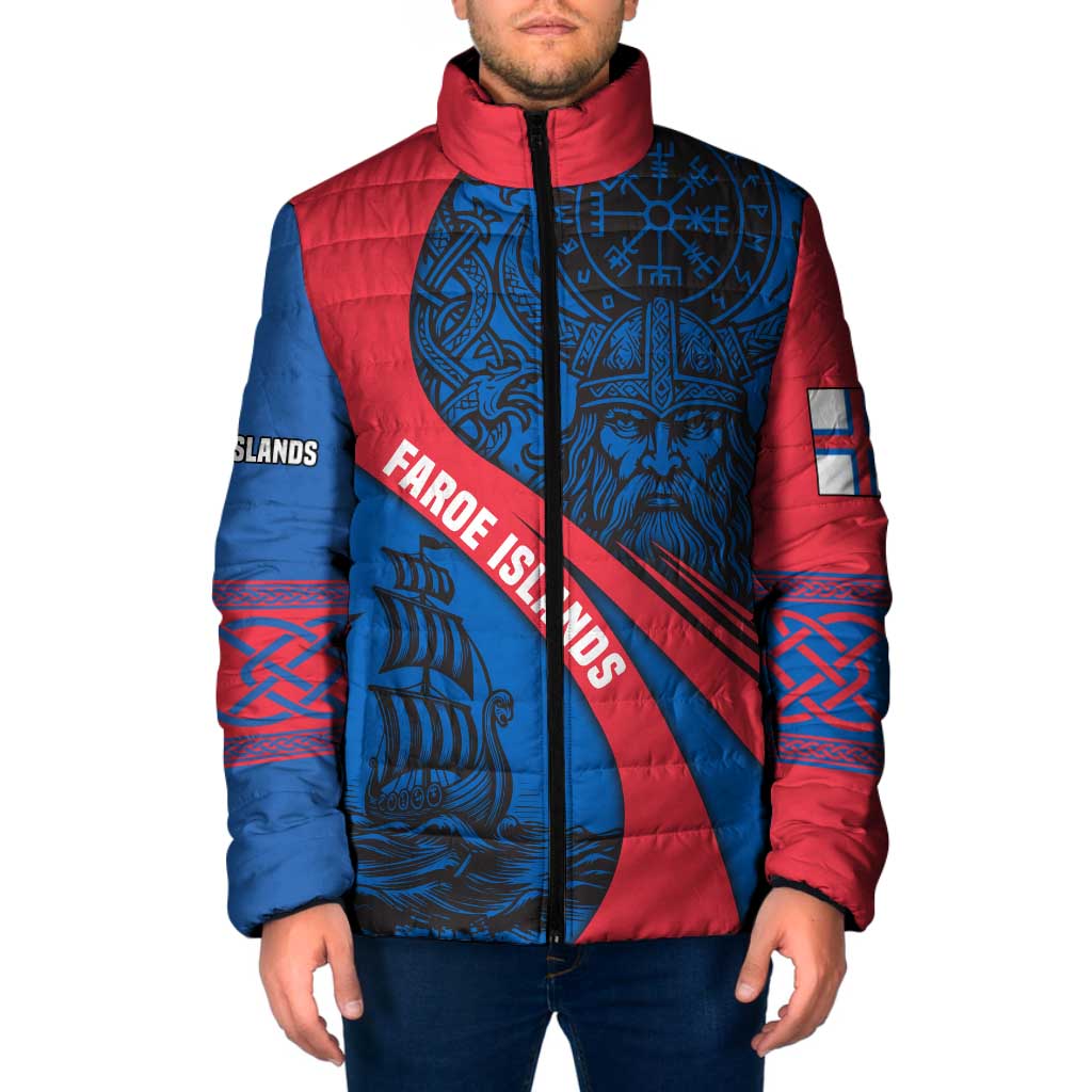 Faroe Islands Padded Jacket with Viking Warrior and Longship Design - Wonder Print Shop