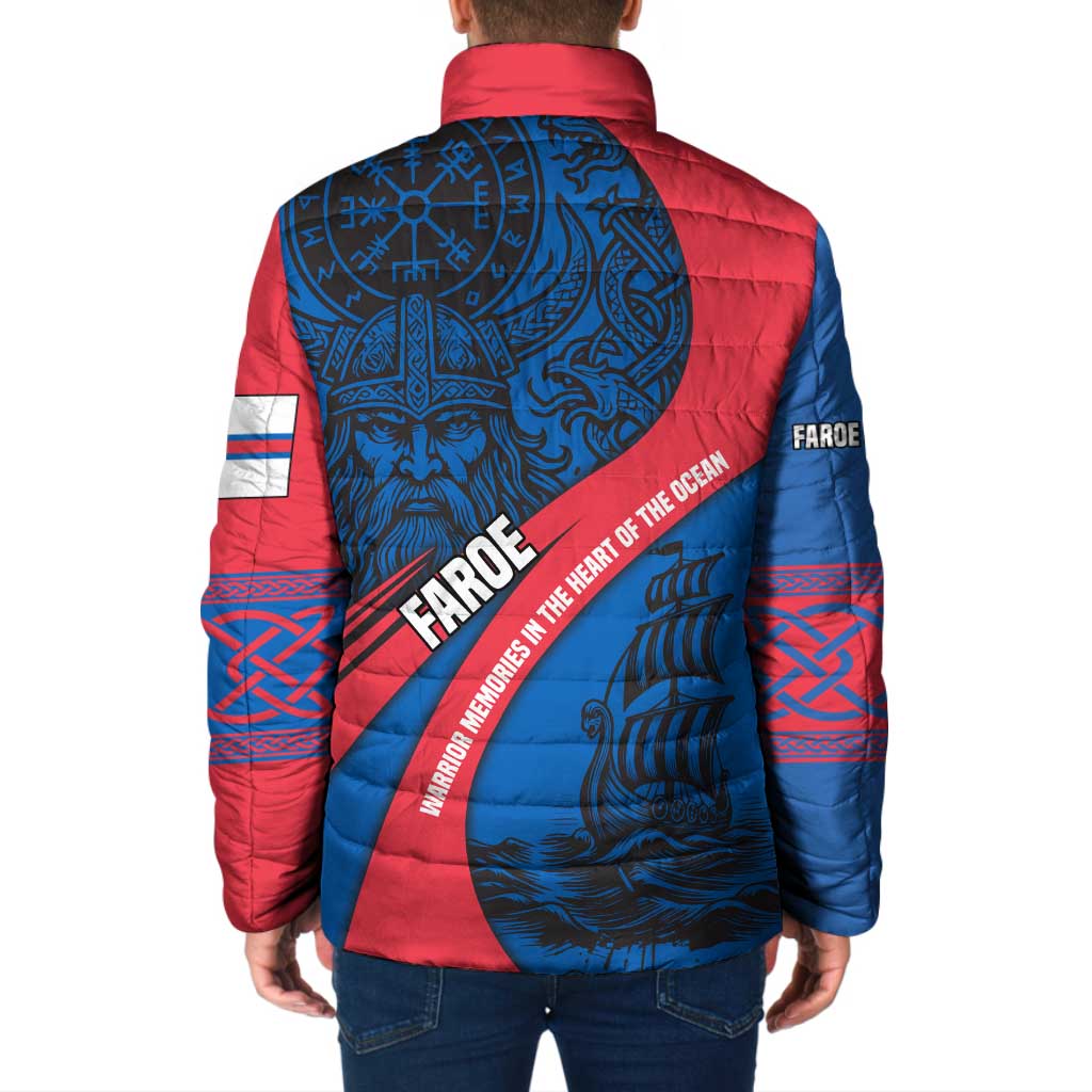 Faroe Islands Padded Jacket with Viking Warrior and Longship Design - Wonder Print Shop