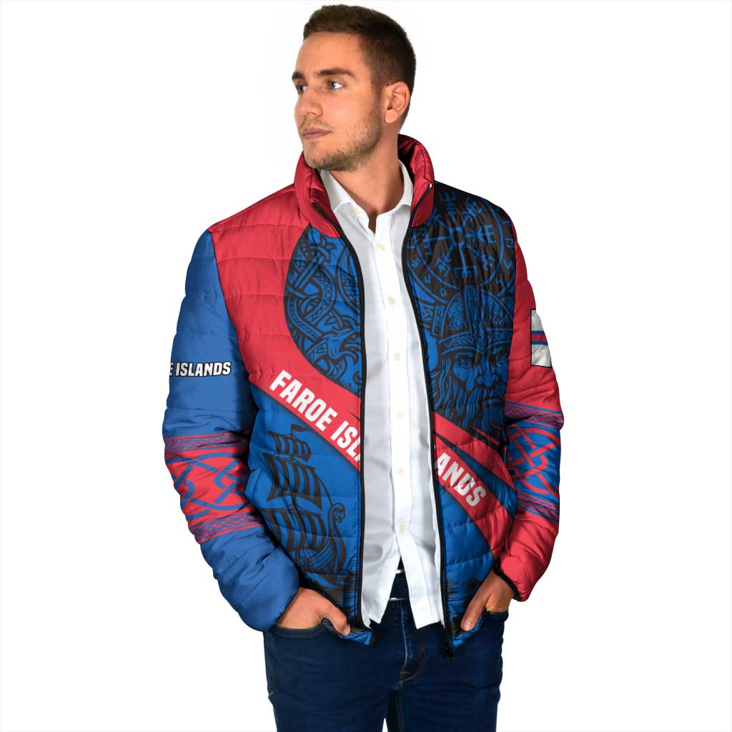 Faroe Islands Padded Jacket with Viking Warrior and Longship Design - Wonder Print Shop