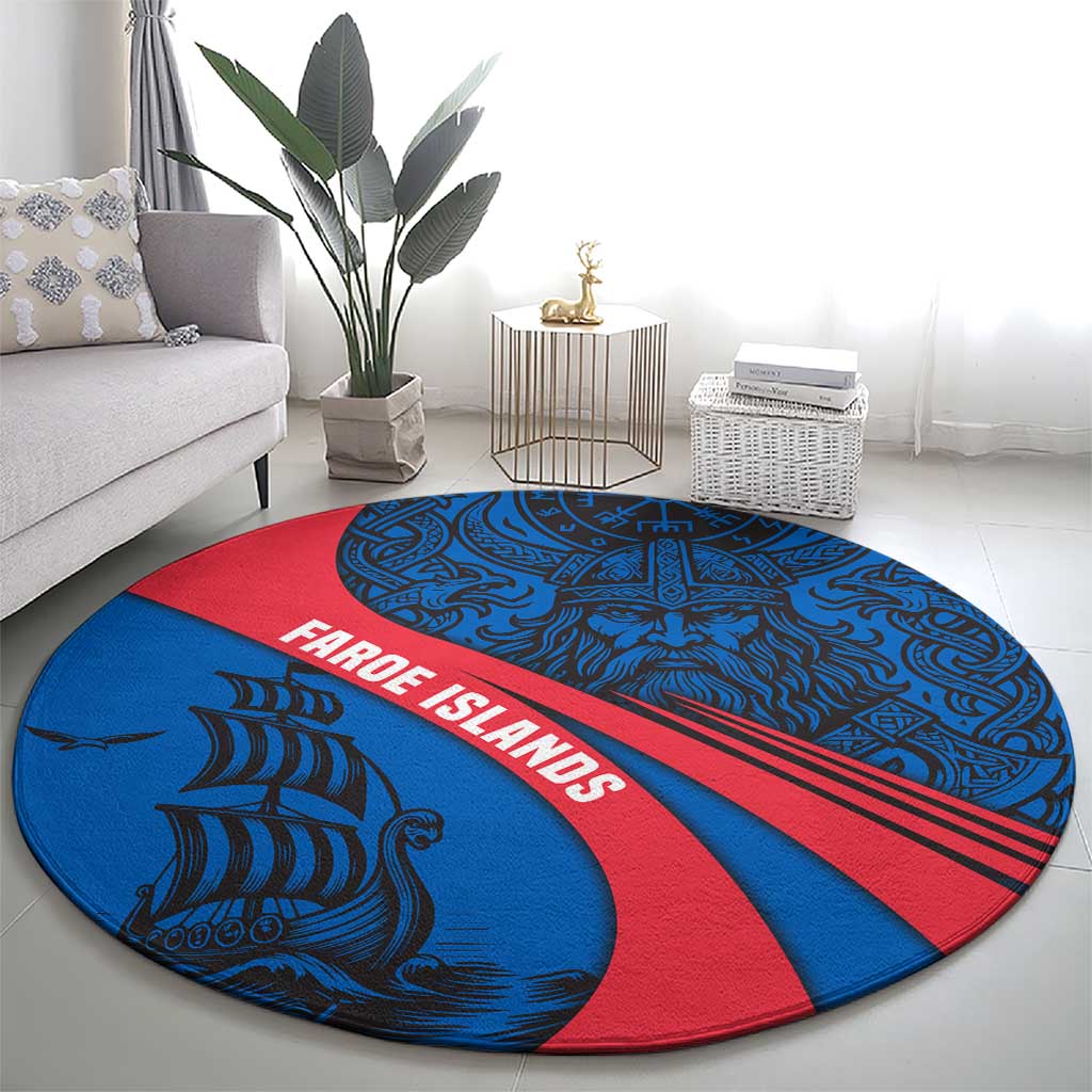 Faroe Islands Round Carpet with Viking Warrior and Longship Design - Wonder Print Shop