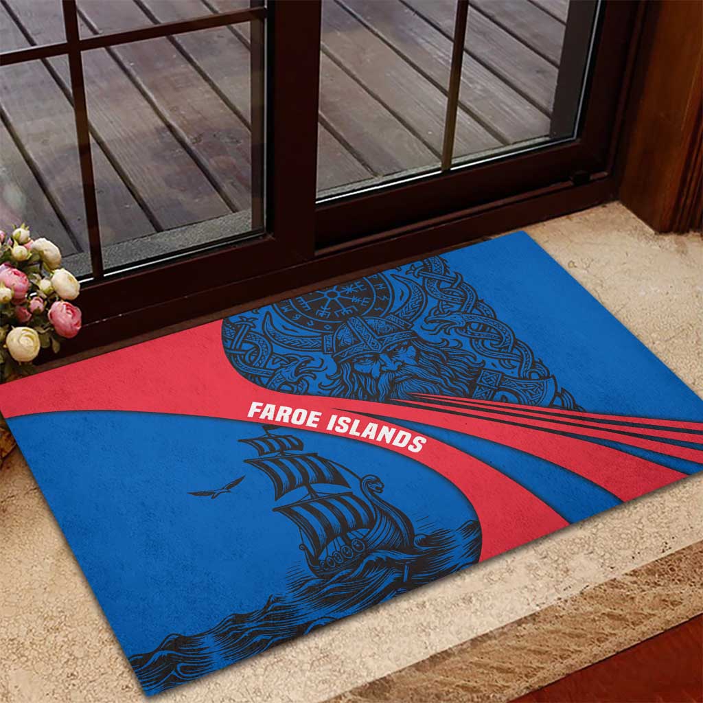 Faroe Islands Rubber Doormat with Viking Warrior and Longship Design - Wonder Print Shop