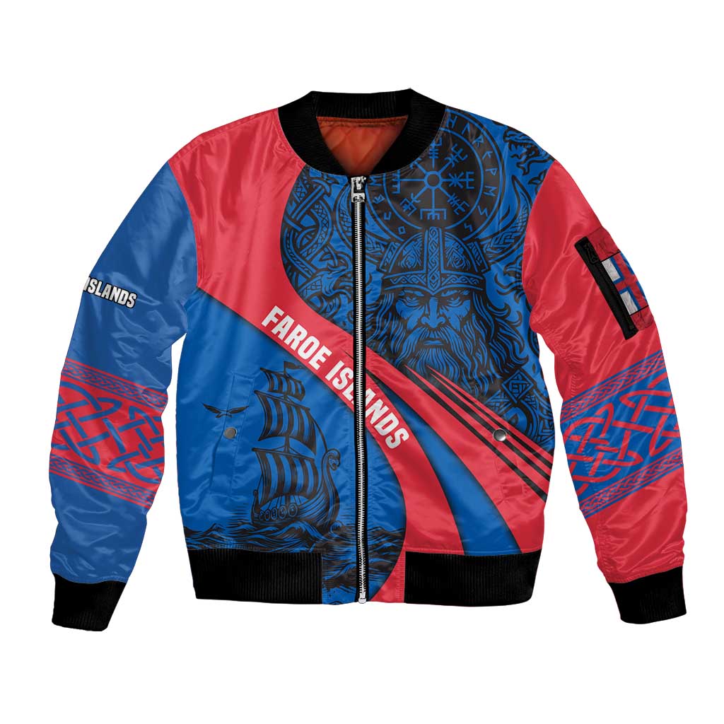 Faroe Islands Sleeve Zip Bomber Jacket with Viking Warrior and Longship Design - Wonder Print Shop