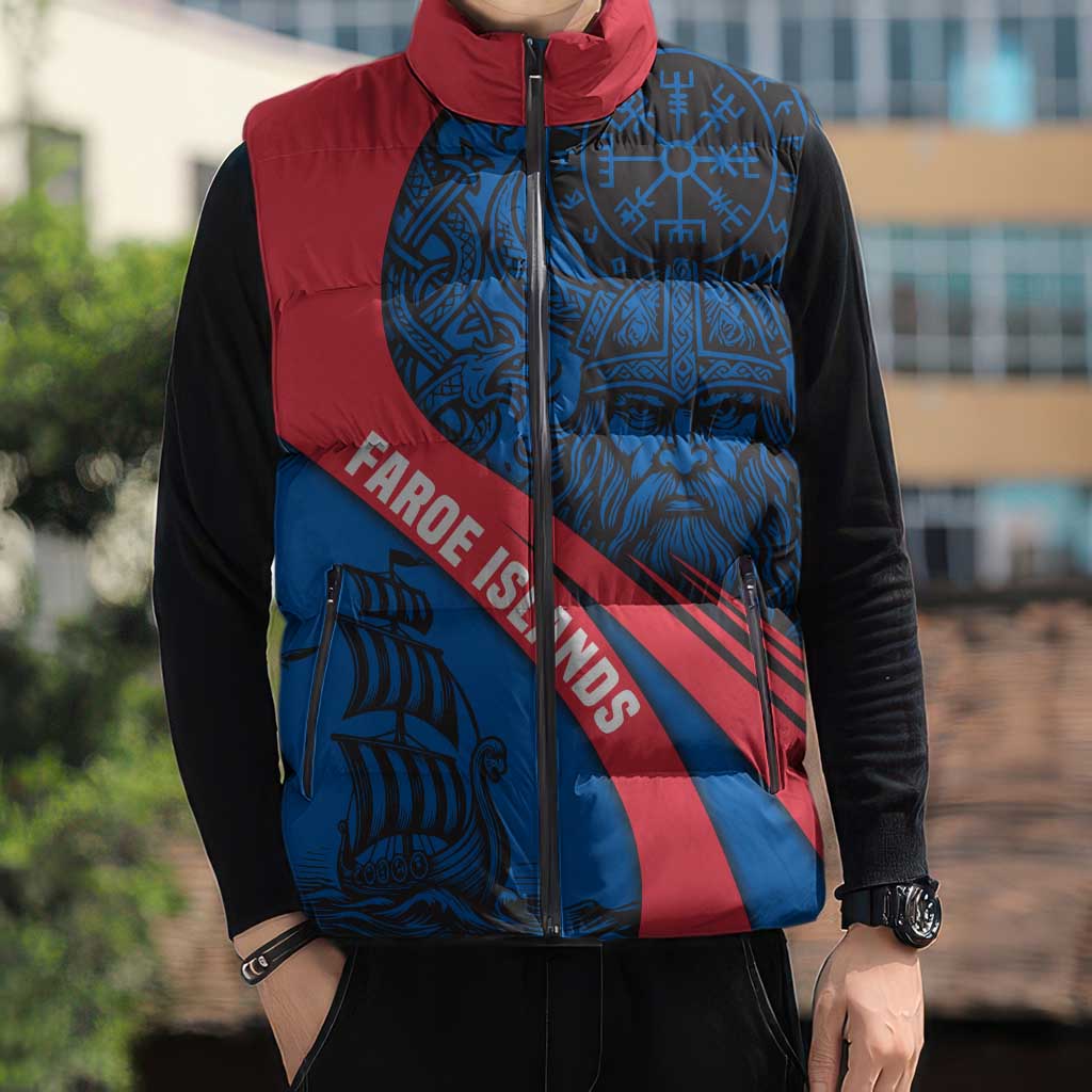 Faroe Islands Sleeveless Puffer Jacket with Viking Warrior and Longship Design - Wonder Print Shop
