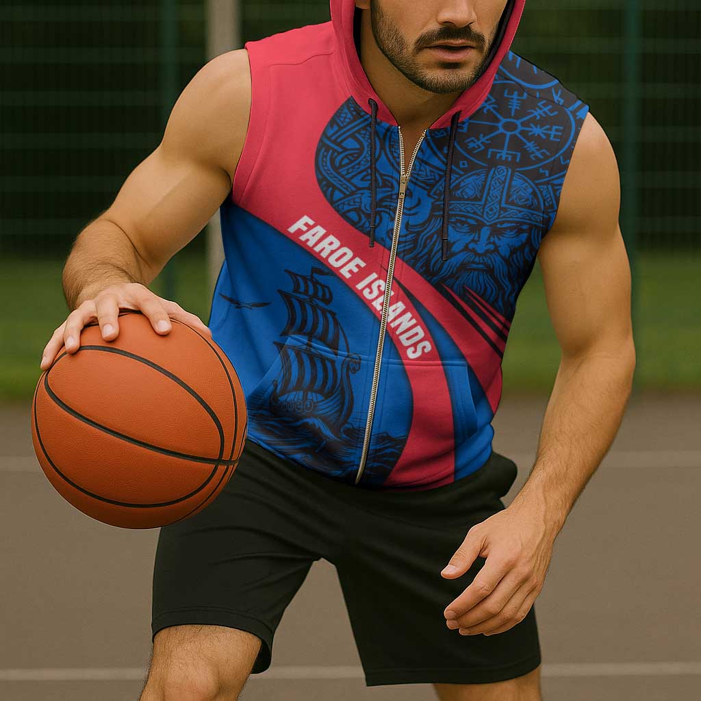 Faroe Islands Sleeveless Zip Hoodie with Viking Warrior and Longship Design - Wonder Print Shop