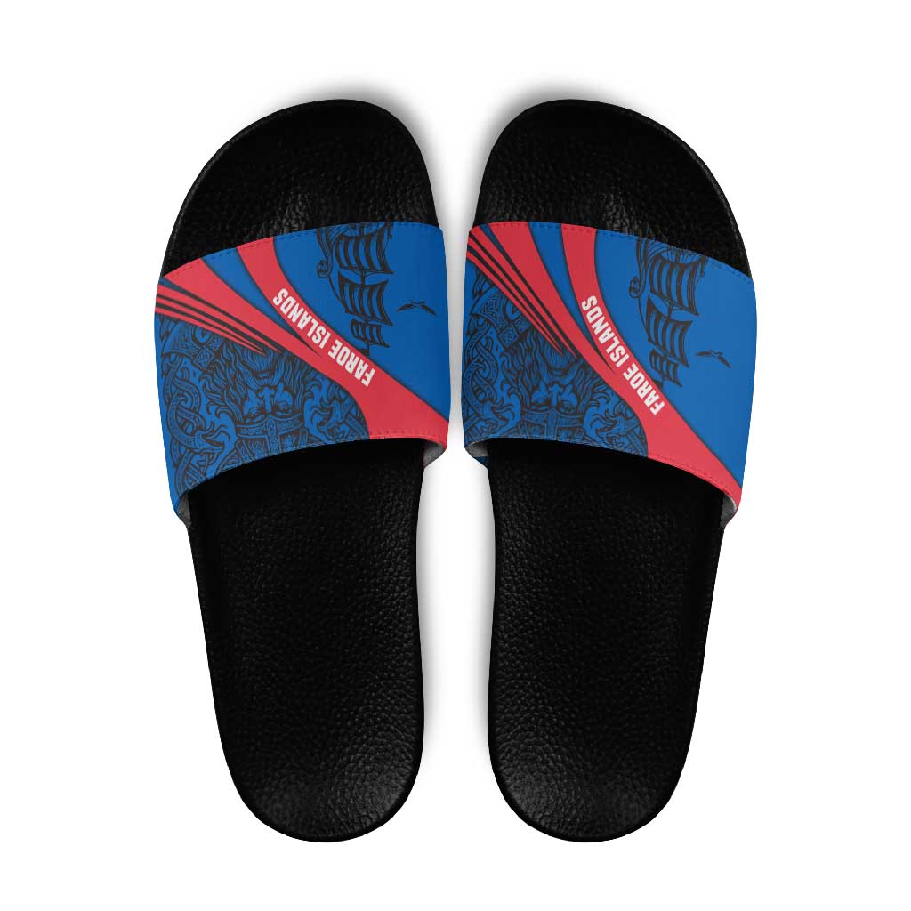 Faroe Islands Slide Sandals with Viking Warrior and Longship Design - Wonder Print Shop