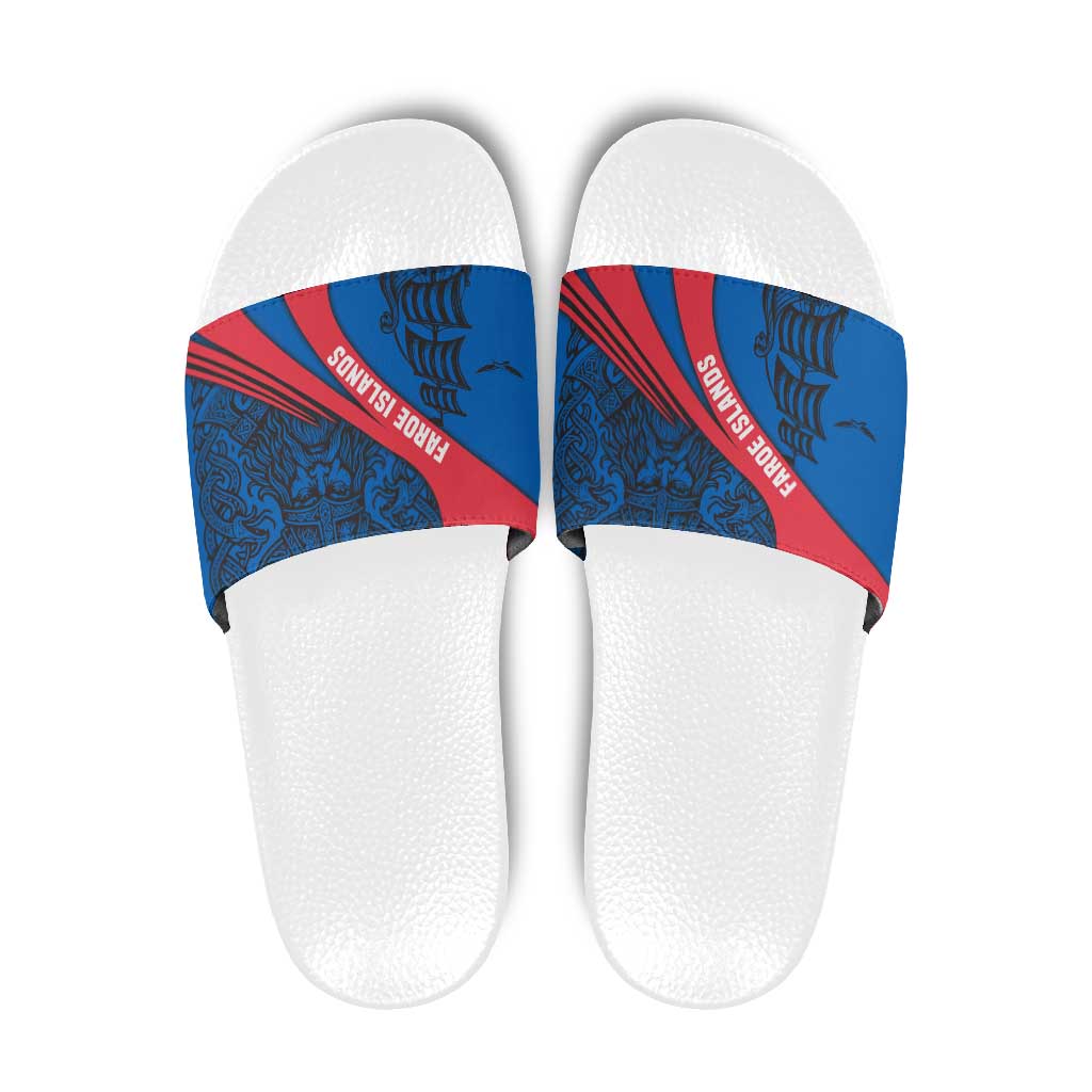 Faroe Islands Slide Sandals with Viking Warrior and Longship Design - Wonder Print Shop