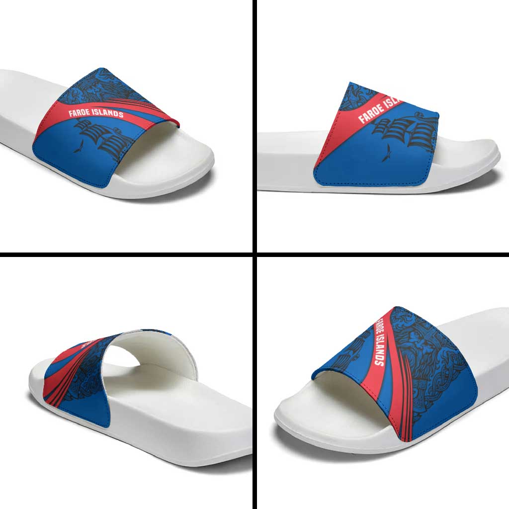 Faroe Islands Slide Sandals with Viking Warrior and Longship Design - Wonder Print Shop