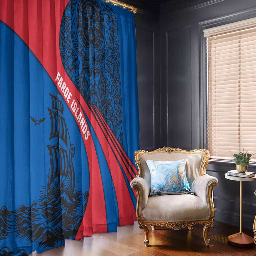 Faroe Islands Window Curtain with Viking Warrior and Longship Design - Wonder Print Shop