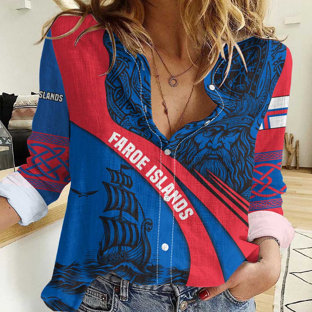 Faroe Islands Women Casual Shirt with Viking Warrior and Longship Design - Wonder Print Shop