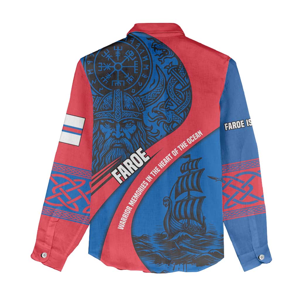 Faroe Islands Women Casual Shirt with Viking Warrior and Longship Design - Wonder Print Shop