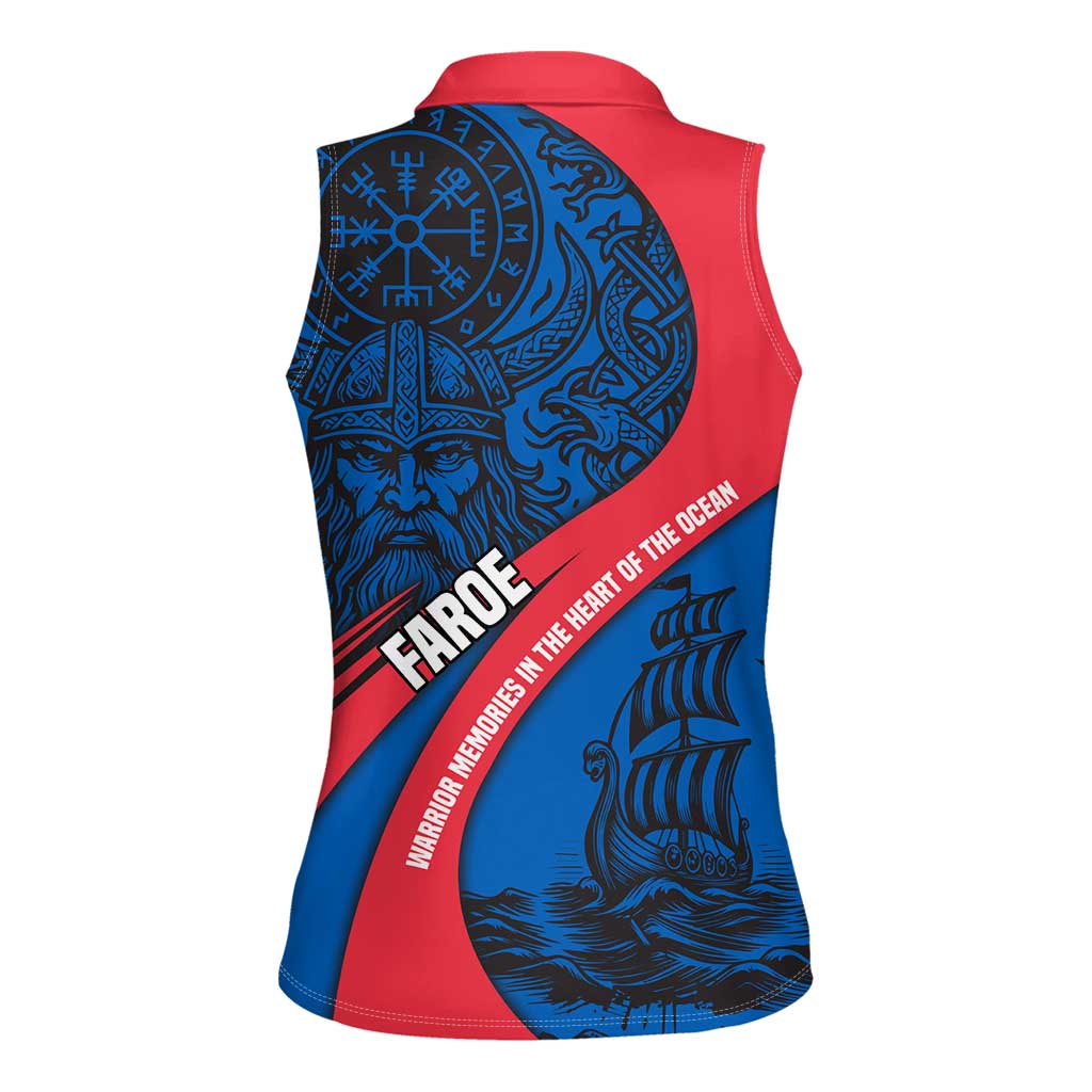 Faroe Islands Women Sleeveless Polo Shirt with Viking Warrior and Longship Design - Wonder Print Shop