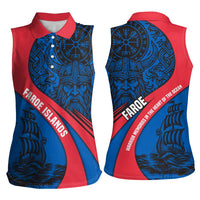 Faroe Islands Women Sleeveless Polo Shirt with Viking Warrior and Longship Design - Wonder Print Shop