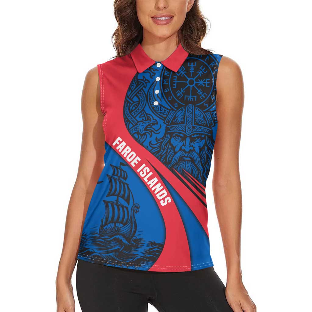 Faroe Islands Women Sleeveless Polo Shirt with Viking Warrior and Longship Design - Wonder Print Shop