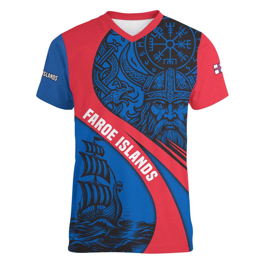 Faroe Islands Women V-Neck T-Shirt with Viking Warrior and Longship Design - Wonder Print Shop
