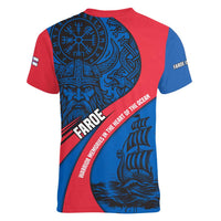 Faroe Islands Women V-Neck T-Shirt with Viking Warrior and Longship Design - Wonder Print Shop