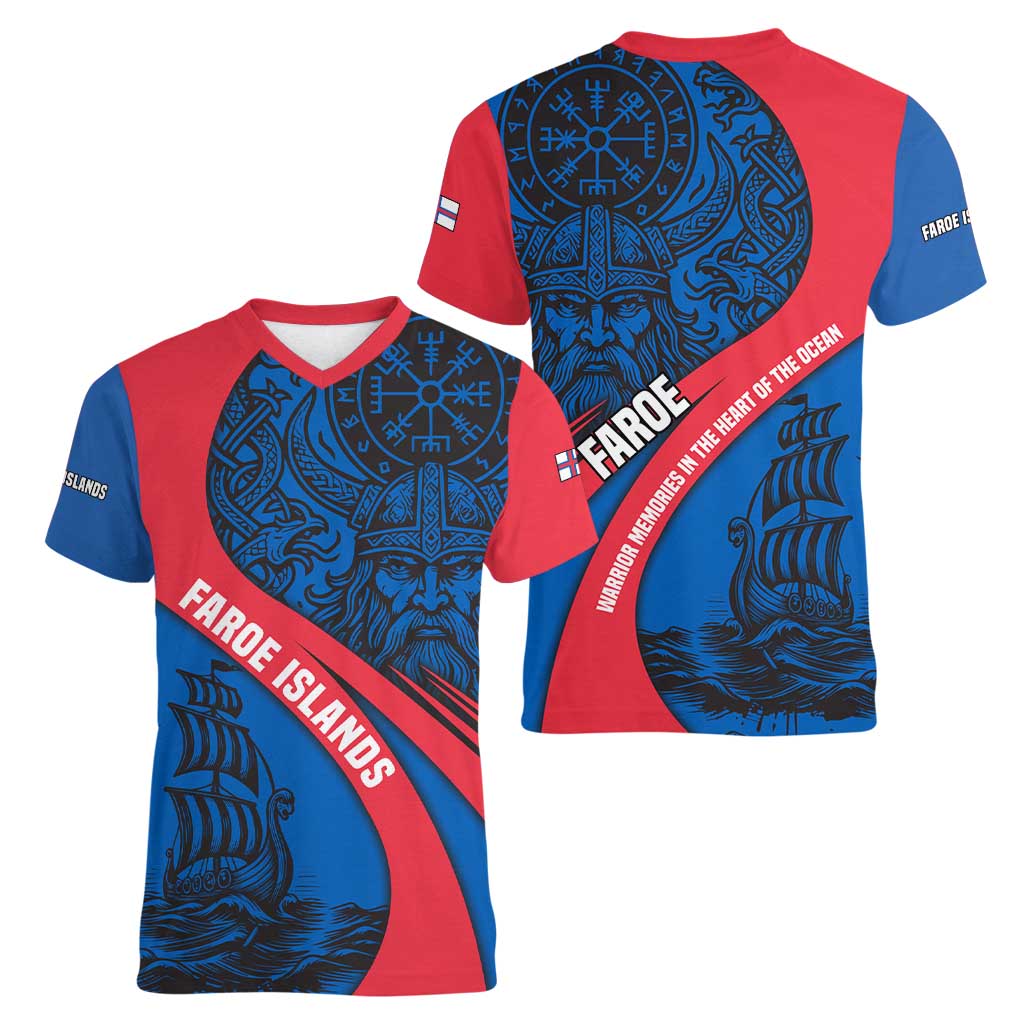 Faroe Islands Women V-Neck T-Shirt with Viking Warrior and Longship Design - Wonder Print Shop