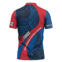 Faroe Islands Zipper Polo Shirt with Viking Warrior and Longship Design - Wonder Print Shop
