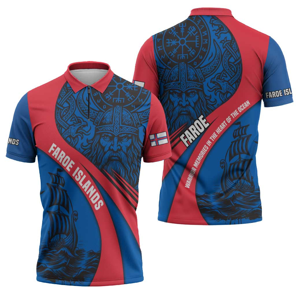 Faroe Islands Zipper Polo Shirt with Viking Warrior and Longship Design - Wonder Print Shop