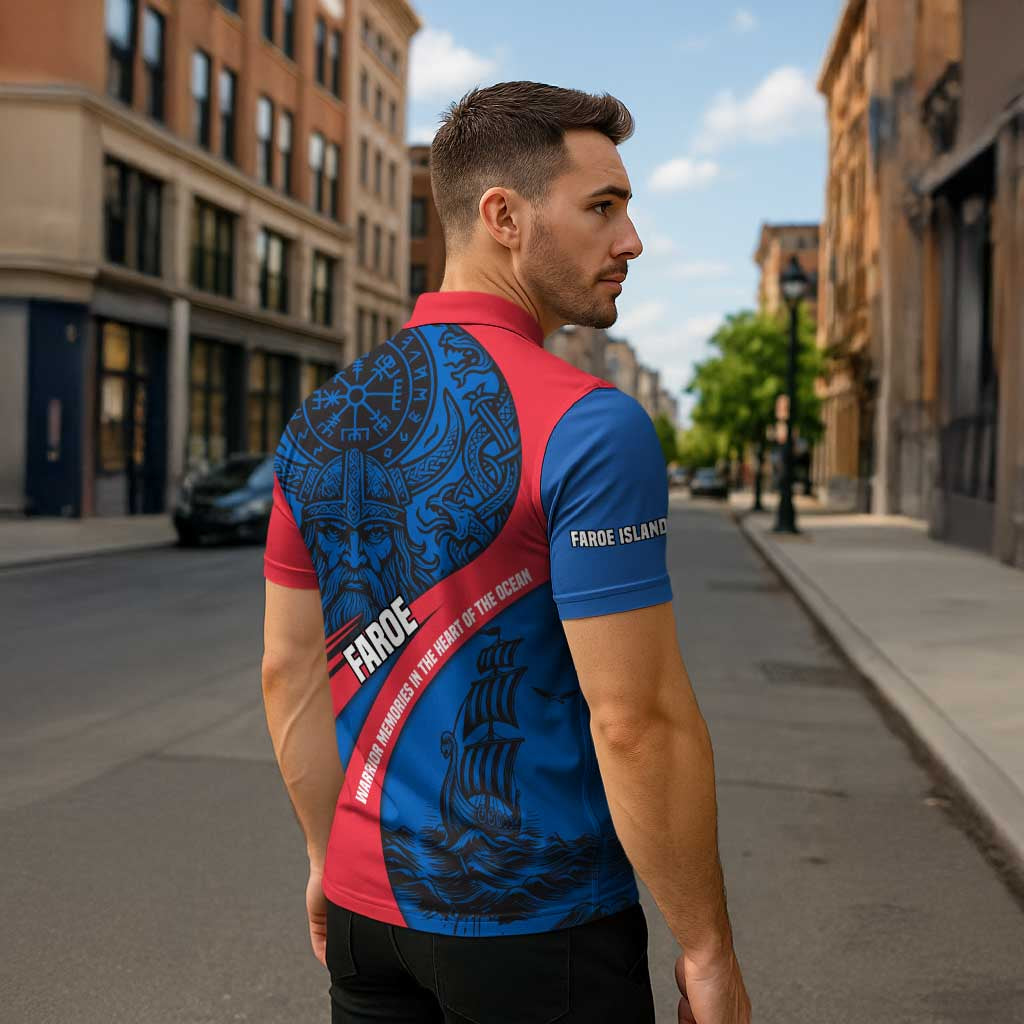 Faroe Islands Zipper Polo Shirt with Viking Warrior and Longship Design - Wonder Print Shop