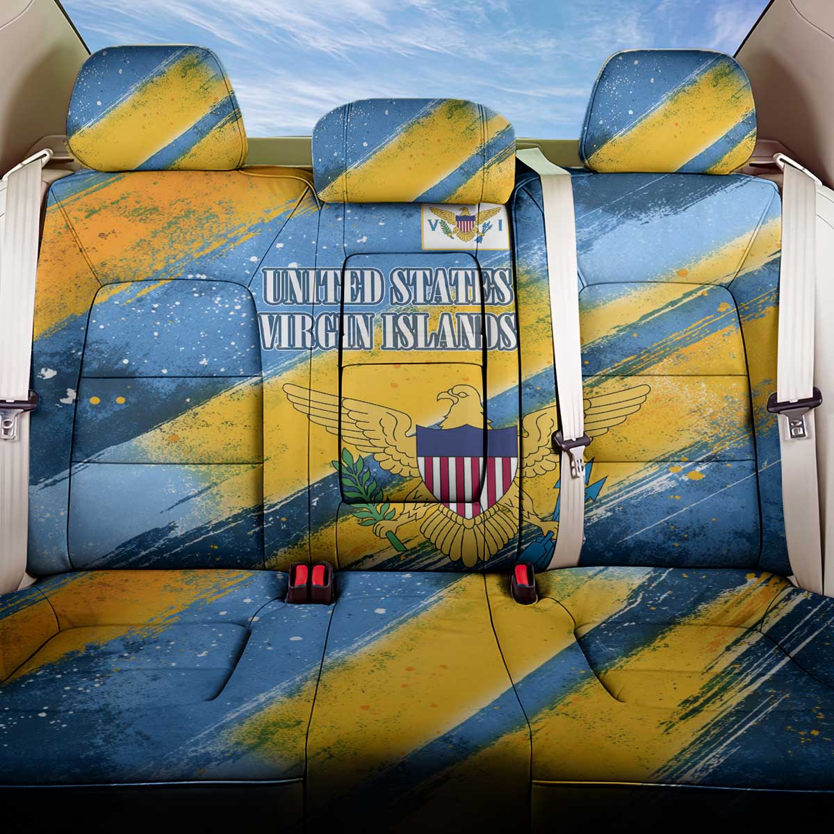 United States Virgin Islands Back Car Seat Cover with Blue Yellow Eagle Design and Government Seal - Wonder Print Shop