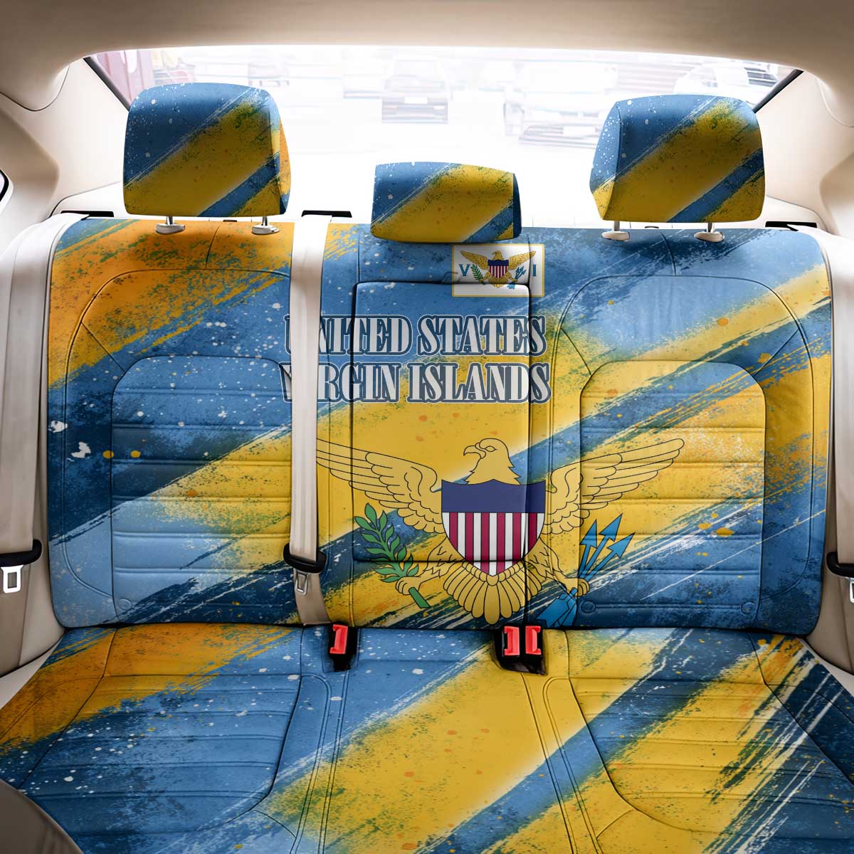 United States Virgin Islands Back Car Seat Cover with Blue Yellow Eagle Design and Government Seal - Wonder Print Shop