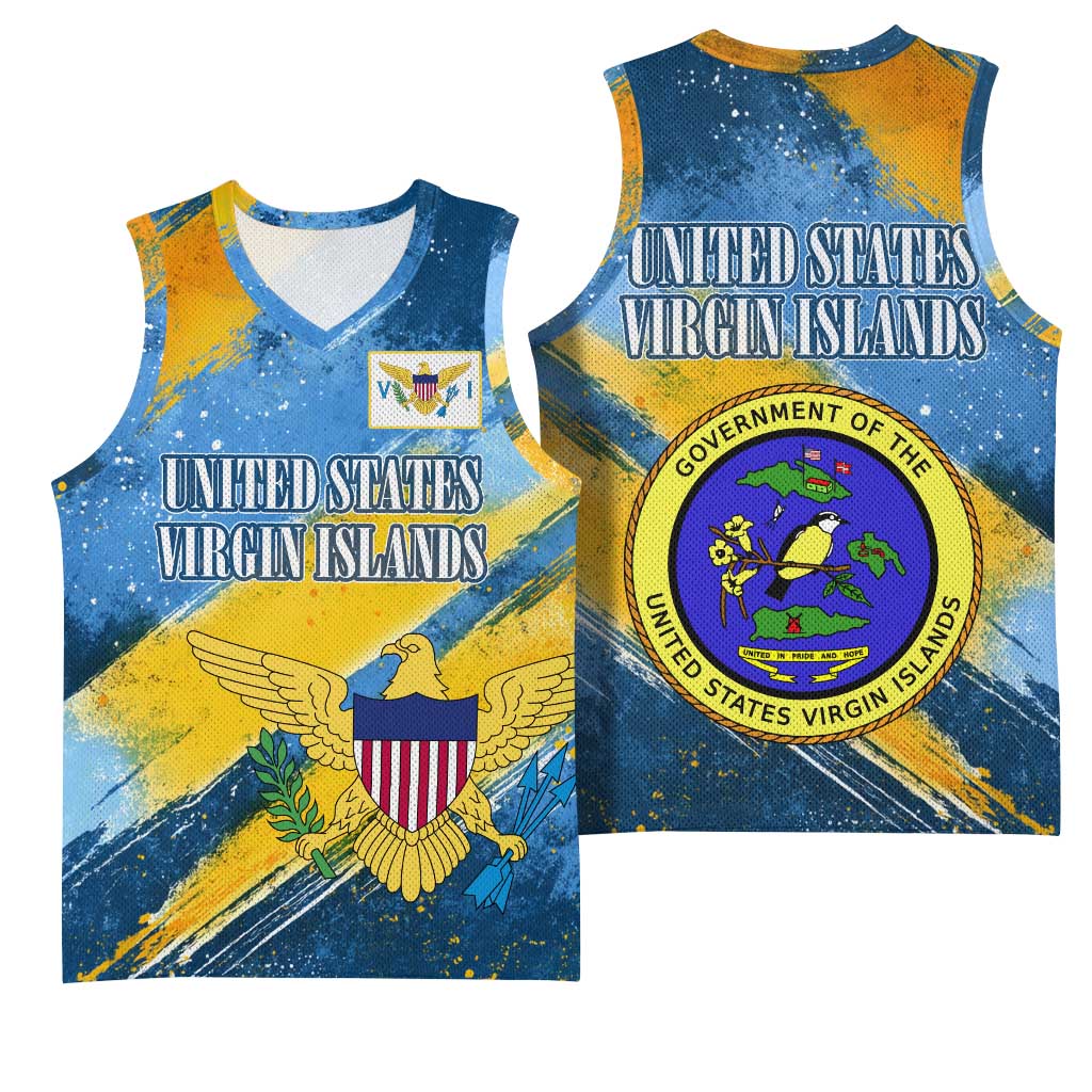 United States Virgin Islands Basketball Jersey with Blue Yellow Eagle Design and Government Seal - Wonder Print Shop