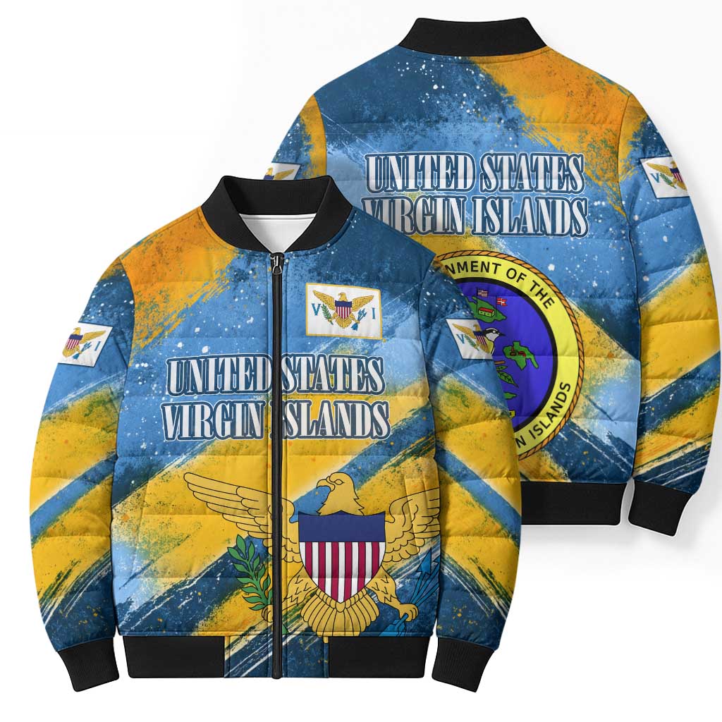 United States Virgin Islands Bomber Puffer Jacket with Blue Yellow Eagle Design and Government Seal - Wonder Print Shop